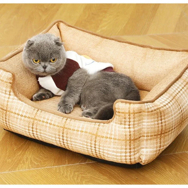 Detachable Washable Pet Bed Cat Nest Double-sided Usable Cotton Pad Sleeping Bag Square Lattice Dog Bed for Winter Pet Supplies