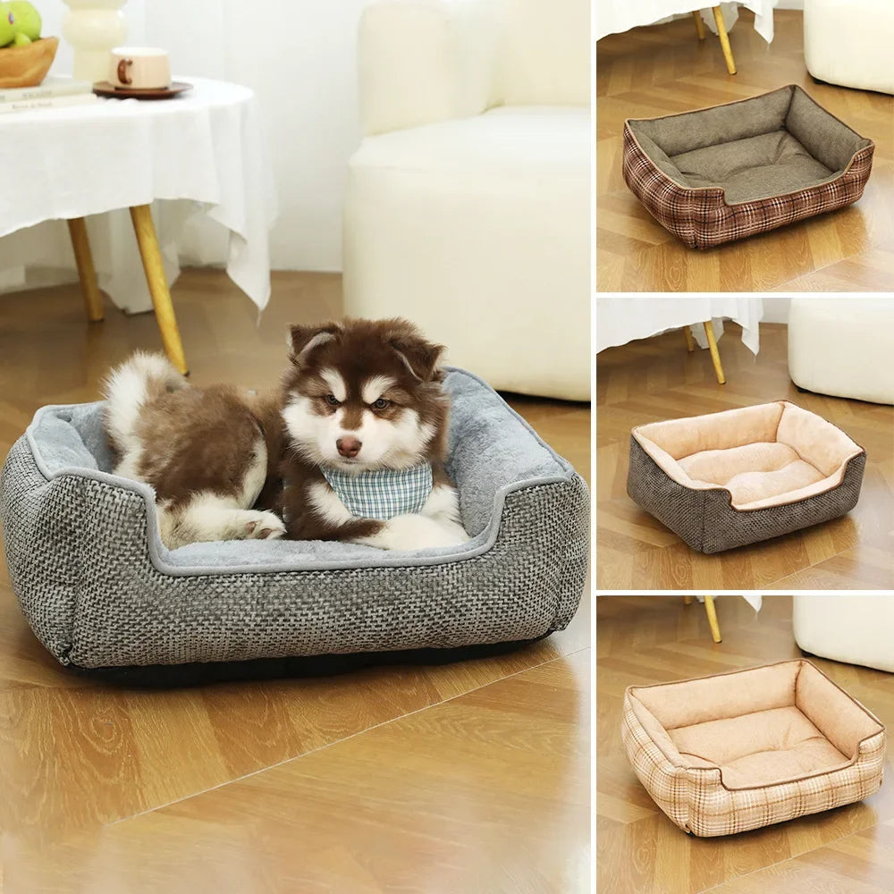 Detachable Washable Pet Bed Cat Nest Double-sided Usable Cotton Pad Sleeping Bag Square Lattice Dog Bed for Winter Pet Supplies