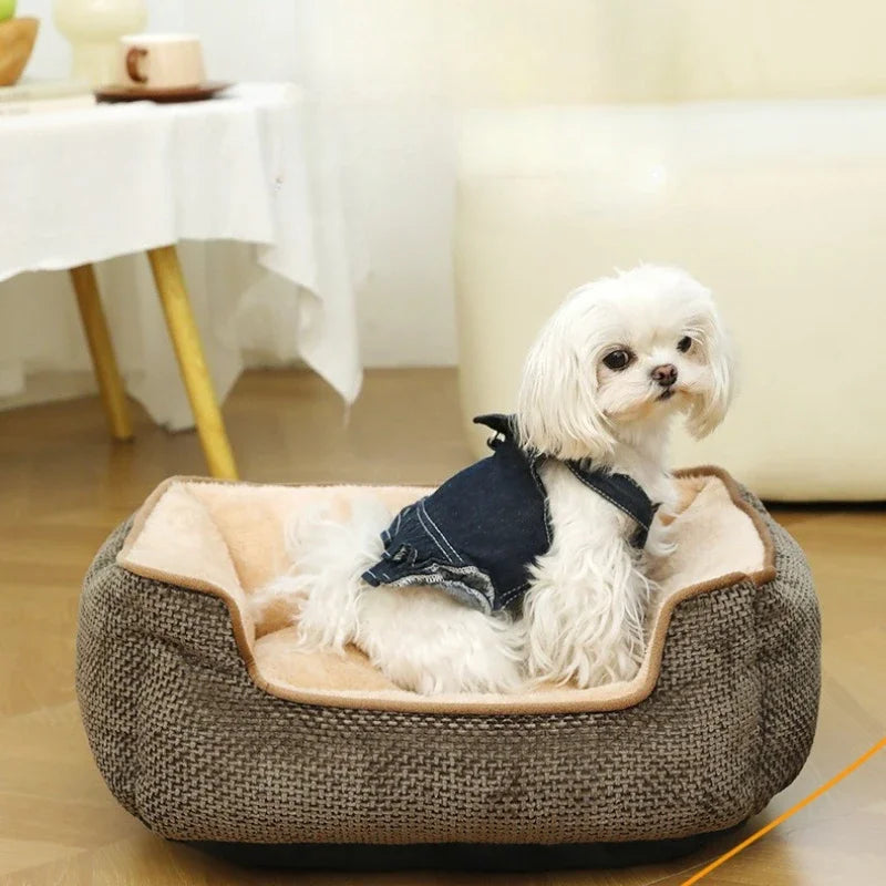 Detachable Washable Pet Bed Cat Nest Double-sided Usable Cotton Pad Sleeping Bag Square Lattice Dog Bed for Winter Pet Supplies