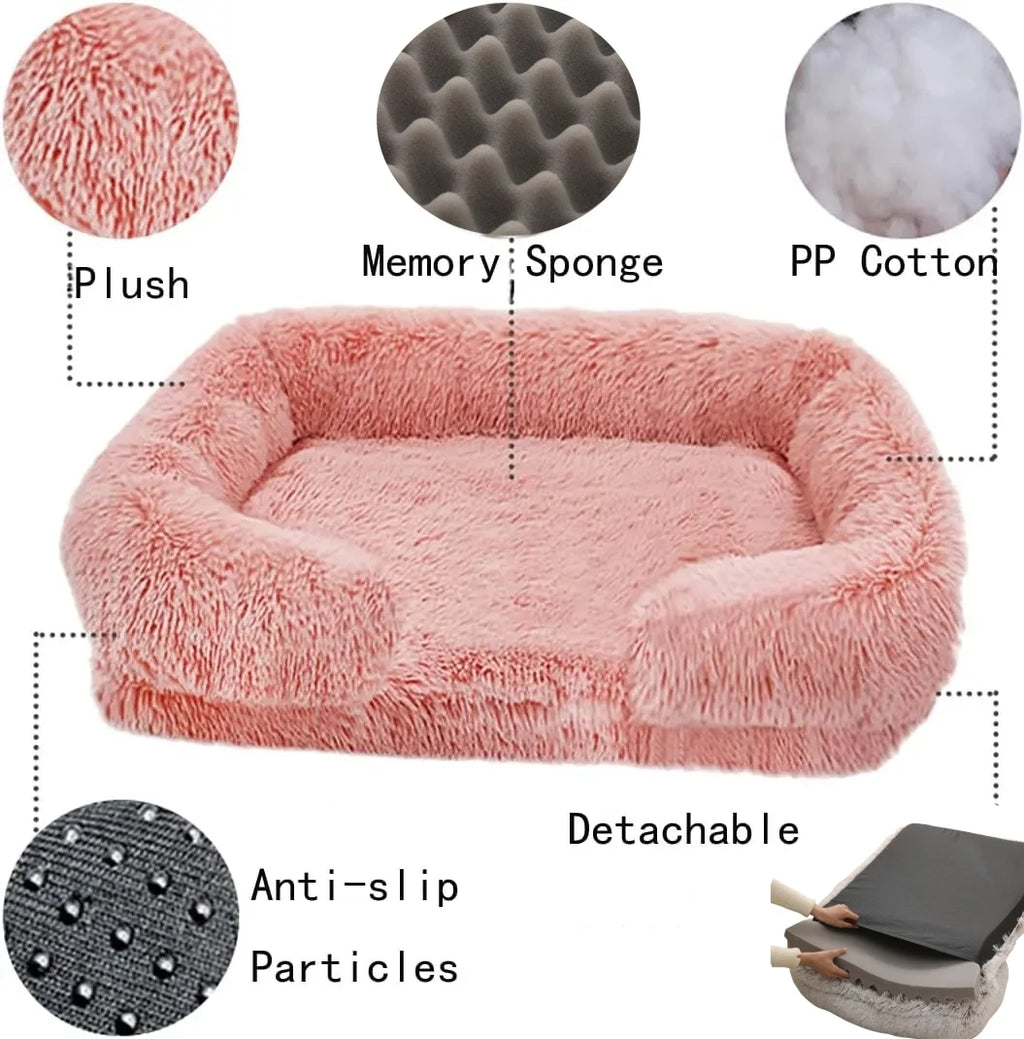 Cozy Plush Dog Sofa Bed Square Beds Washable Warm Pet Cushion Orthopedic Faux Fur Memory Foam Lounger Fluffy with Remove Cover